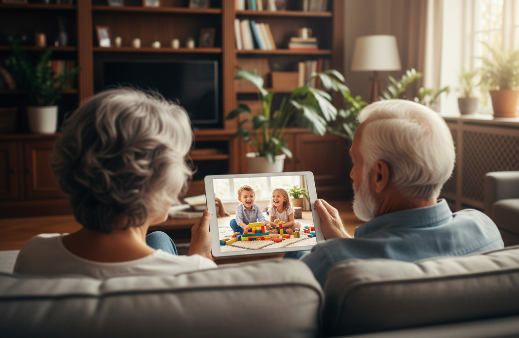 Bedsteforældre kigger på en iPad sammen